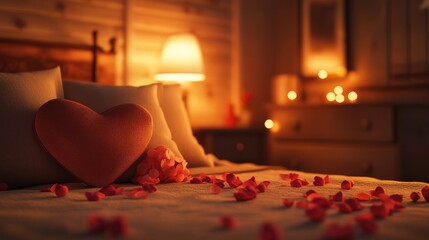 Wall Mural - Romantic Bedroom with Heart and Petals at Night