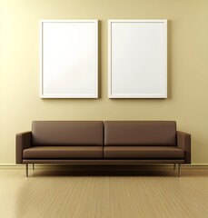 Brown leather sofa in a living room with two empty frames on the wall