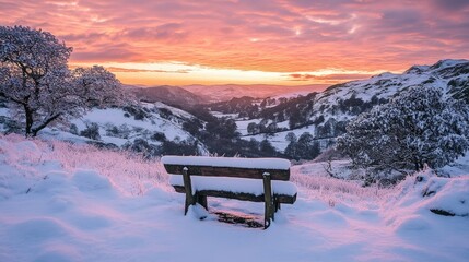 Sticker - Serene Winter Landscape at Dawn with Snow-Covered Bench