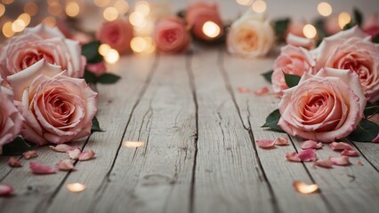 Wall Mural - Pink roses and rose petals with golden bokeh lights on rustic wood board mockup background