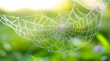 macro shot of dew covered spider web glistening in sunlight, showcasing intricate patterns against blurred green background. delicate droplets create mesmerizing effect