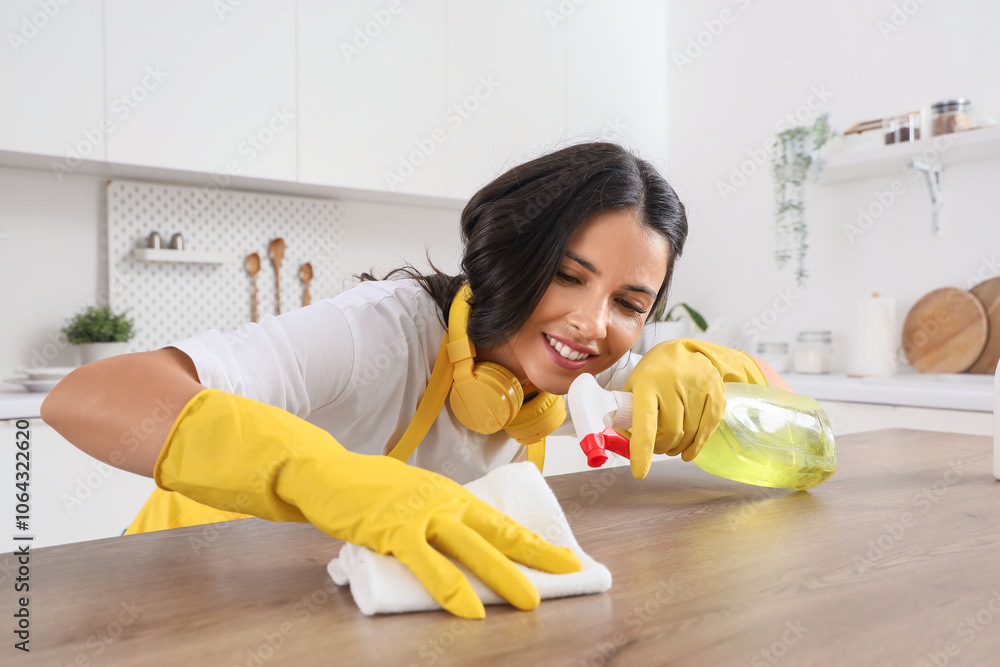 Female janitor cleaning table in kitchen