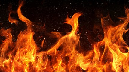 Fototapete - Close-up of fiery flames and glowing embers on black background for hot, intense, or hazard themes.
