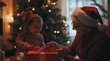 Wall Mural - A joyful grandmother and child sharing gifts during a cozy Christmas celebration at home