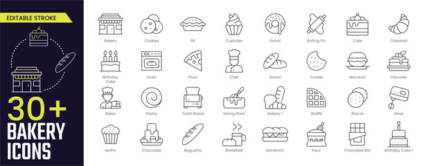 Bakery Stroke icon collections. Containing Bakery, Cookies, Birthday Cake, Oven, Chef, Bread, Baker, Chocolate Bar, and Cupcake icons. Editable Stroke icon collection Outline icon