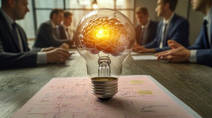 Wall Mural - a light bulb with a brain symbolizes innovative ideas during a business meeting.