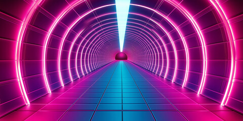 Aufkleber - Futuristic neon lights illuminating a long tunnel with pink and blue tiles
