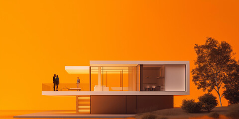 Poster - Architects discussing project on modern luxury sustainable house terrace during sunset