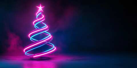 Aufkleber - Neon christmas tree shining with pink and blue lights in dark background