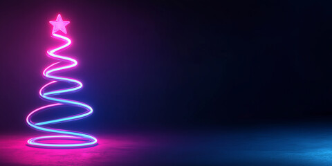 Poster - Glowing neon christmas tree with star on dark background
