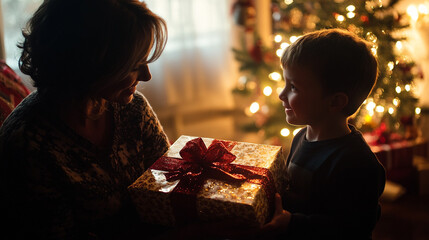 Wall Mural - A joyful moment of gift-giving between a child and a grandmother during the holidays at home