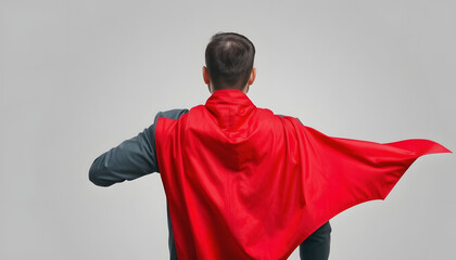 Close up back rear behind view photo hiding facial expression he him his man ready flight use superpower wear red long cloak raised wind safety protection human race concept isolated grey background