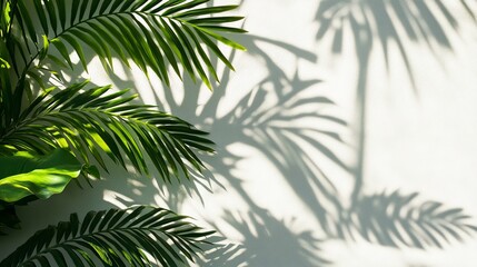 Wall Mural - 104.Dappled sunlight filters through tropical leaves, casting a soft, intricate shadow pattern across a smooth white wall. The interplay between light and shadow creates a natural, serene overlay