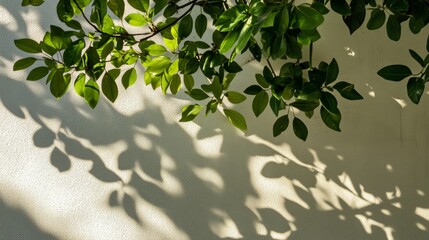 Wall Mural - 104.Dappled sunlight filters through tropical leaves, casting a soft, intricate shadow pattern across a smooth white wall. The interplay between light and shadow creates a natural, serene overlay