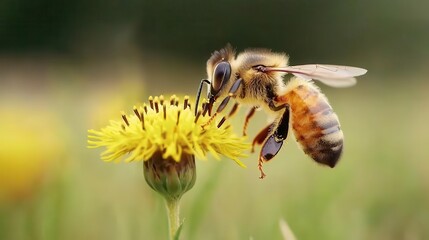 Closeup of a honeybee gathering pollen from a wildflower, vibrant yellow, natural harmony