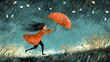 © Sinechana - 47.A whimsical illustration showing a person chasing after an umbrella being blown away by the wind. The personâ€™s raincoat flutters, and their hair whips around as they run, while the umbrella soars