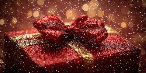 Poster - Close-up of a Red Glitter Gift Box with a Gold Ribbon and Falling Snow