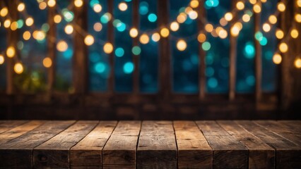 Wall Mural - rustic wood board surface with blue and gold bokeh lights mockup background