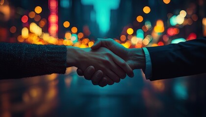 Poster - Two Hands Shaking in Front of a Blurred City Lights Background