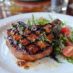 Grilled pork chop with vegetables on a wooden board in the restaurant