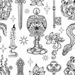 © samiramay - Seamless vector pattern with engraved mystic and gothic objects - cup, candle, ritual sword on white.  Halloween background with esoteric and occult symbols