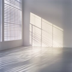 Wall Mural - A clean, white studio wall illuminated by soft, filtered light from a nearby window. The shadows of blinds and a window frame are sharply defined, creating a gobo lighting effect that adds dynamic