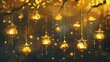 © Pixel-Tropic - Elegant Illumination: Artistic Depiction of Golden Paper Oil Lamps Hanging Gracefully