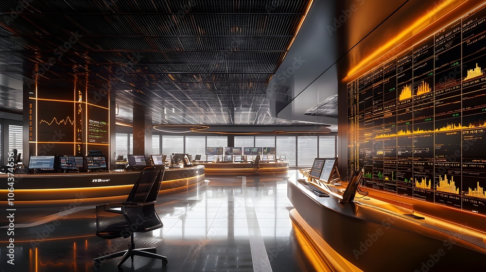 Futuristic corporate office interior with high tech computers display ...