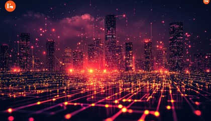 Fototapete - Cityscape with Glowing Network Lines at Night