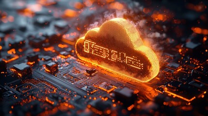 Fototapete - Glowing Cloud Symbol on a Circuit Board