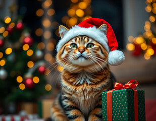 Сute cat in a Christmas . Cat Santa in a Christmas hat on an bokeh background. Christmas concept. Copy space