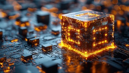 Aufkleber - Glowing Cube on a Circuit Board with Orange Lights
