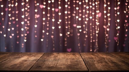 Wall Mural - Rustic wood board table surface with purple curtain wall and pink heart bokeh lights mockup background