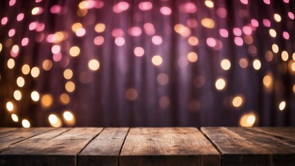 Wall Mural - Rustic wood board table surface with purple curtain and pink and gold bokeh lights mockup background