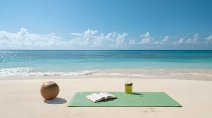 Poster - Tranquil beach scene with a yoga mat book and fresh coconut water by the serene ocean  A peaceful and relaxing tropical paradise for meditation wellness and leisure