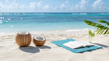 Poster - Peaceful and Rejuvenating Beachside Yoga Session with a Book and Refreshing Coconut Water by the Calm Ocean Waves