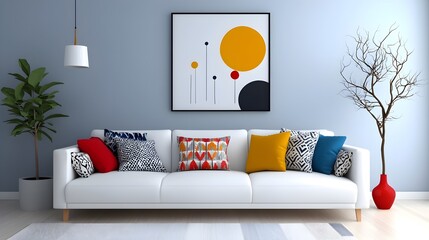 Aufkleber - Bright and airy living room with a white sofa contemporary abstract art and a mix of patterned throw pillows creating a comfortable and stylish home decor