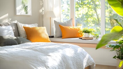 Aufkleber - Cozy and Inviting Bedroom Nook with Plush Pillows Comfortable Window Seat and Warm Reading Lamp in a Relaxing Contemporary Home Interior Design
