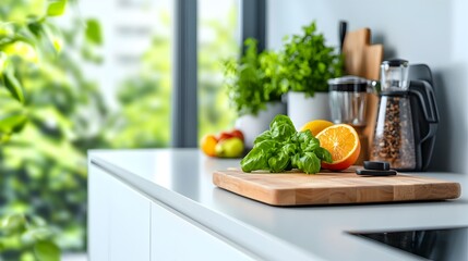 Fototapete - A bright and airy minimalist kitchen featuring clean white cabinets sleek lines and a touch of natural greenery for a calming and contemporary aesthetic