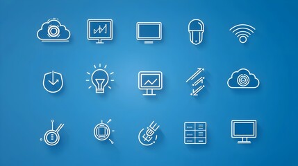 Leinwandbilder - Minimalist line style cloud computing icon set featuring website traffic data exchange symbols and hosting services on a white background  Digital technology network and information graphics