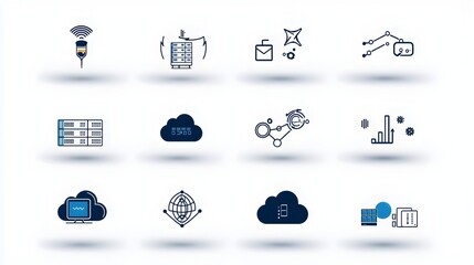 Fototapete - Detailed collection of cloud computing and hosting related icons in minimalist line art style  Includes symbols for website traffic data exchange servers