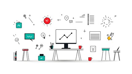 Leinwandbilder - Set of minimalist line art icons representing webinar business meeting classroom and team concepts on a clean white background  Suitable for presentations website interfaces mobile apps