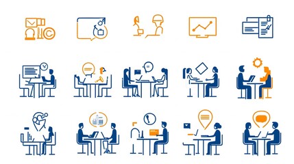Leinwandbilder - Collection of team meeting icons in line style featuring work interview and discussion symbols on a white background representing collaborative corporate discussions strategic planning