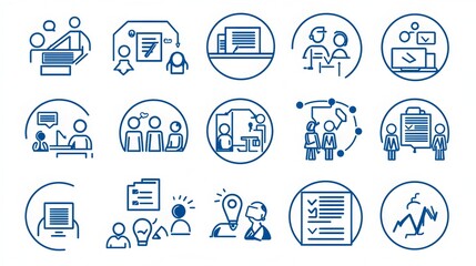 Leinwandbilder - Detailed Collection of Team Meeting Icons in Minimalist Line Art Style Featuring Various Work Discussion and Symbols on a Clean White Background