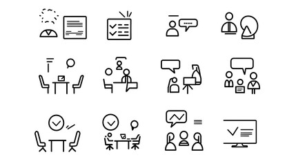 Poster - Minimalist line style icons showcasing various aspects of a team meeting and work discussion including presentation symbols on a clean white background