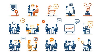 Poster - Minimalist Line Art Icons Depicting Various Team Meeting and Work Symbols Including Discussion Interview and Office Desk Elements on a Clean White Background