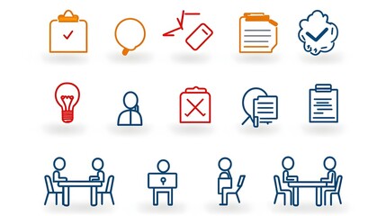 Poster - A set of minimalist line art icons representing various meeting discussion and interview related concepts  The icons feature a clean simple design on a white background suitable for use in business