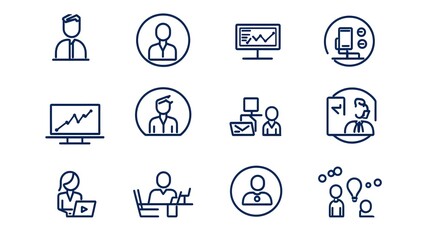 Leinwandbilder - Minimalist Icon Set for Webinar Meetings and Team Symbols Featuring Discussion Interview and Teamwork in Line Style on White Background
