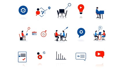 Poster - Minimalist set of webinar icons and symbols representing business meetings team other corporate communication on a clean white background  Ideal for presentations online conferences and digital tools