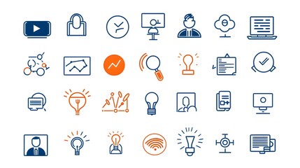 Poster - Comprehensive Collection of Meeting and Webinar Icons Showcasing Discussion Interview and Team Symbols Depicted in a Clean Minimalist Line Style on a Crisp White Background  Ideal for Business